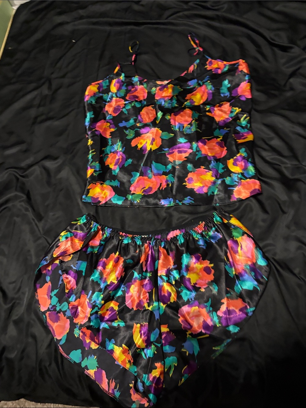 Floral Satin Sleep Romper - Black with Multicolor Floral